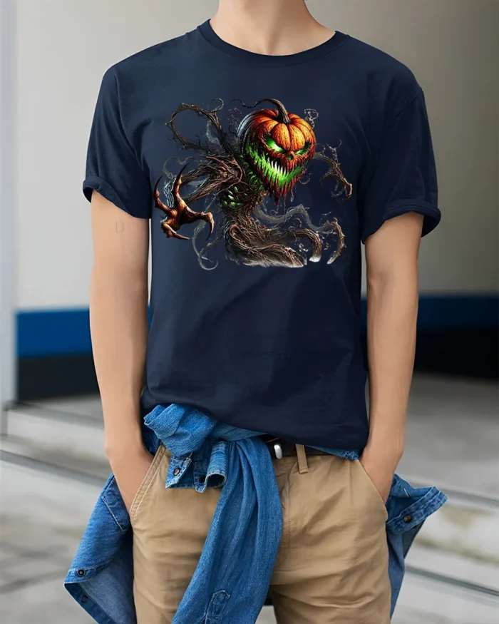 Halloween Evil Pumpkin Monster Graphic T-Shirt - model wearing navy shirt, hands in pockets