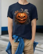 Halloween Scary Jack O Lantern Skull T-Shirt - model wearing navy shirt, hands in pockets