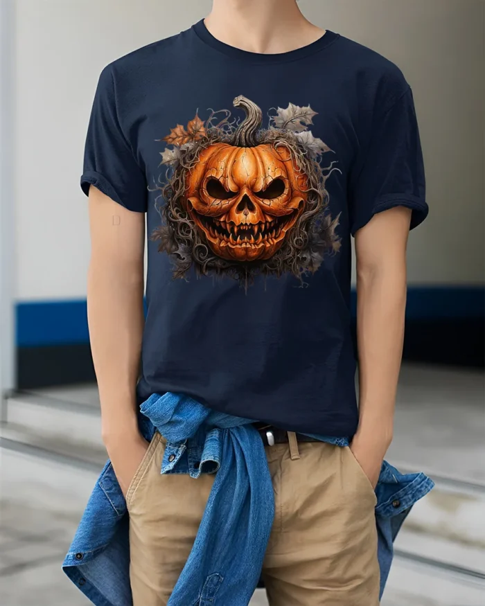 Halloween Scary Jack O Lantern Skull T-Shirt - model wearing navy shirt, hands in pockets