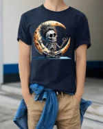 Halloween Yoga Skeleton Moon Graphic T-Shirt - model wearing navy shirt, hands in pockets