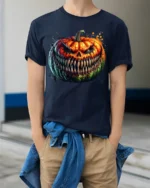 Halloween Evil Grinning Pumpkin Face T-Shirt - model wearing navy shirt, hands in pockets