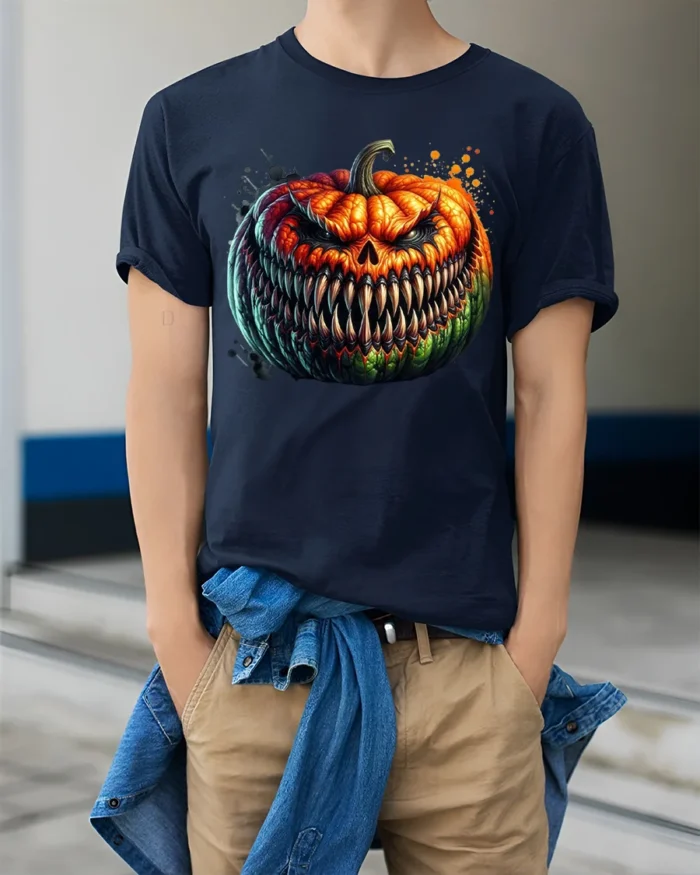 Halloween Evil Grinning Pumpkin Face T-Shirt - model wearing navy shirt, hands in pockets