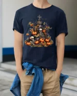 Halloween Skeleton Graveyard Pumpkin T-Shirt - model wearing navy shirt, hands in pockets