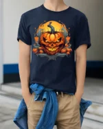 Halloween Fiery Evil Pumpkin Face T-Shirt - model wearing navy shirt, hands in pockets