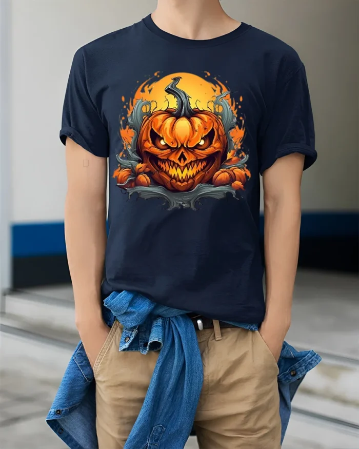 Halloween Fiery Evil Pumpkin Face T-Shirt - model wearing navy shirt, hands in pockets