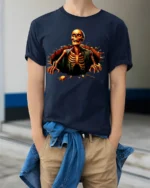 Halloween Skeleton Breaking Wall Graphic T-Shirt - model wearing navy shirt, hands in pockets