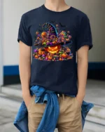 Halloween Candy Pumpkin Witch Hat T-Shirt - model wearing navy shirt, hands in pockets