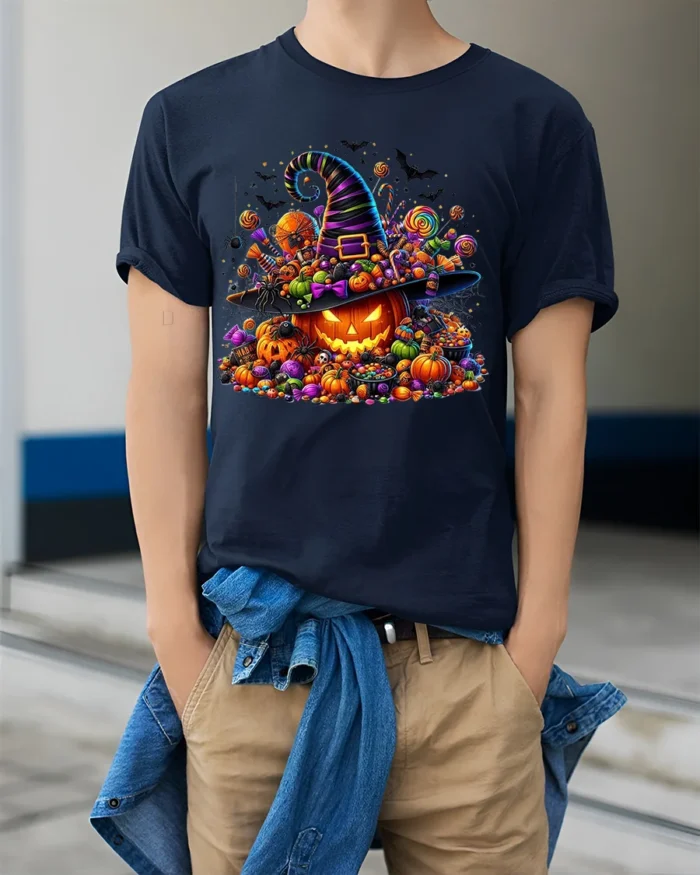 Halloween Candy Pumpkin Witch Hat T-Shirt - model wearing navy shirt, hands in pockets