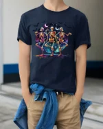 Halloween Dancing Skeletons Graphic T-Shirt - model wearing navy shirt, hands in pockets