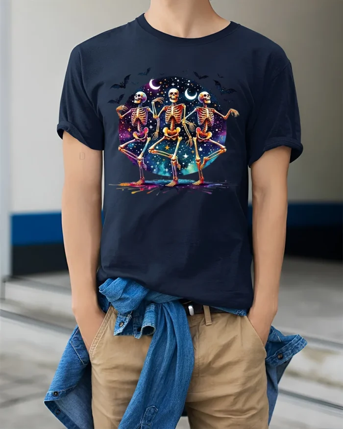 Halloween Dancing Skeletons Graphic T-Shirt - model wearing navy shirt, hands in pockets