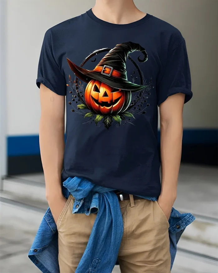 Halloween Jack O Lantern Witch Hat T-Shirt - model wearing navy shirt, hands in pockets