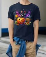 Halloween Bat and Pumpkin Graphic T-Shirt - model wearing navy shirt, hands in pockets