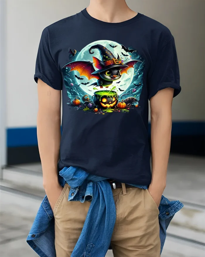 Halloween Witch Bat Cauldron Moon T-Shirt - model wearing navy shirt, hands in pockets