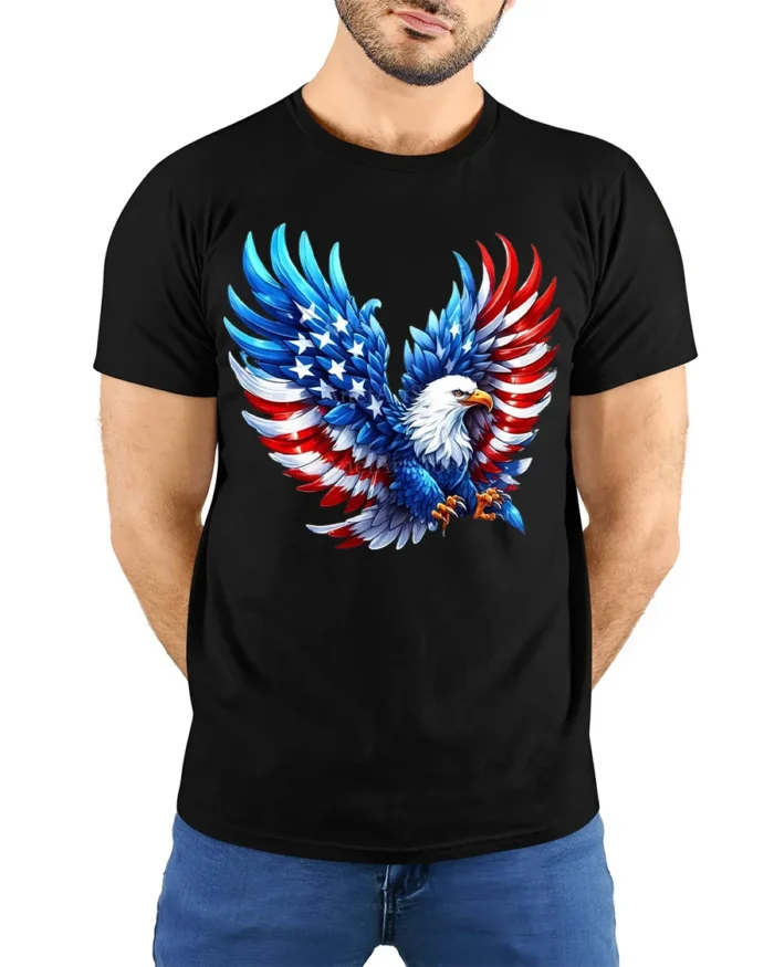 Patriotic Bald Eagle American Flag T-Shirt - model wearing black shirt, hands behind back