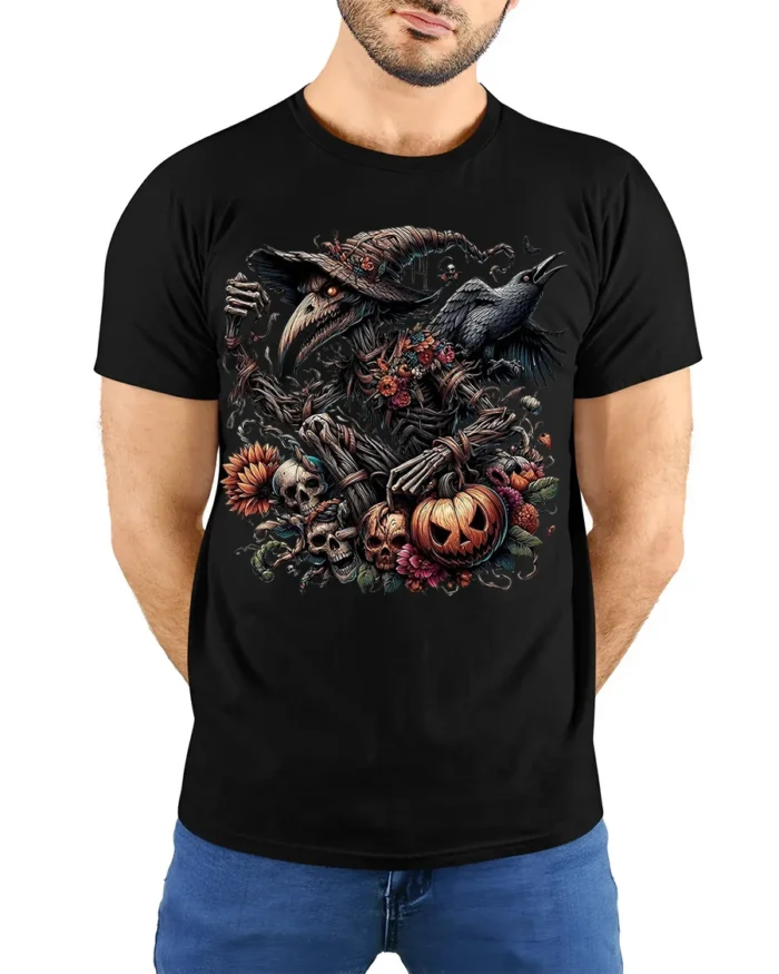 Halloween Evil Scarecrow Raven Pumpkin T-Shirt - model wearing black shirt, hands behind back