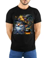 Halloween Wizard Gnome Cauldron Magic T-Shirt - model wearing black shirt, hands behind back