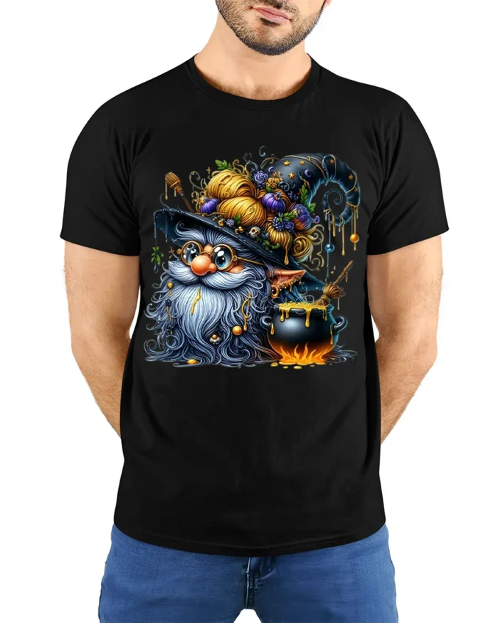 Halloween Wizard Gnome Cauldron Magic T-Shirt - model wearing black shirt, hands behind back
