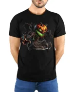 Halloween Evil Pumpkin Monster Graphic T-Shirt - model wearing black shirt, hands behind back
