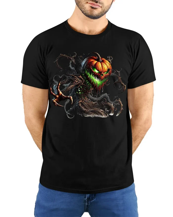 Halloween Evil Pumpkin Monster Graphic T-Shirt - model wearing black shirt, hands behind back