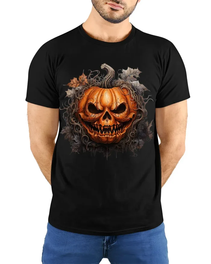 Halloween Scary Jack O Lantern Skull T-Shirt - model wearing black shirt, hands behind back