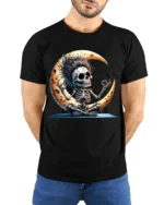 Halloween Yoga Skeleton Moon Graphic T-Shirt - model wearing black shirt, hands behind back