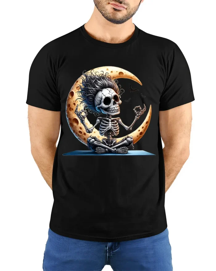 Halloween Yoga Skeleton Moon Graphic T-Shirt - model wearing black shirt, hands behind back
