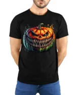 Halloween Evil Grinning Pumpkin Face T-Shirt - model wearing black shirt, hands behind back