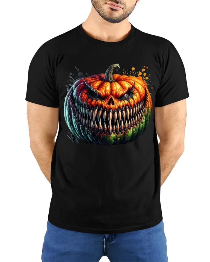 Halloween Evil Grinning Pumpkin Face T-Shirt - model wearing black shirt, hands behind back