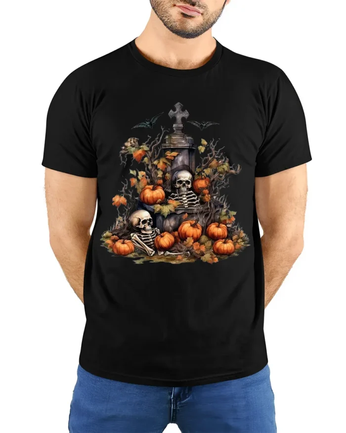 Halloween Skeleton Graveyard Pumpkin T-Shirt - model wearing black shirt, hands behind back