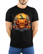 Halloween Fiery Evil Pumpkin Face T-Shirt - model wearing black shirt, hands behind back