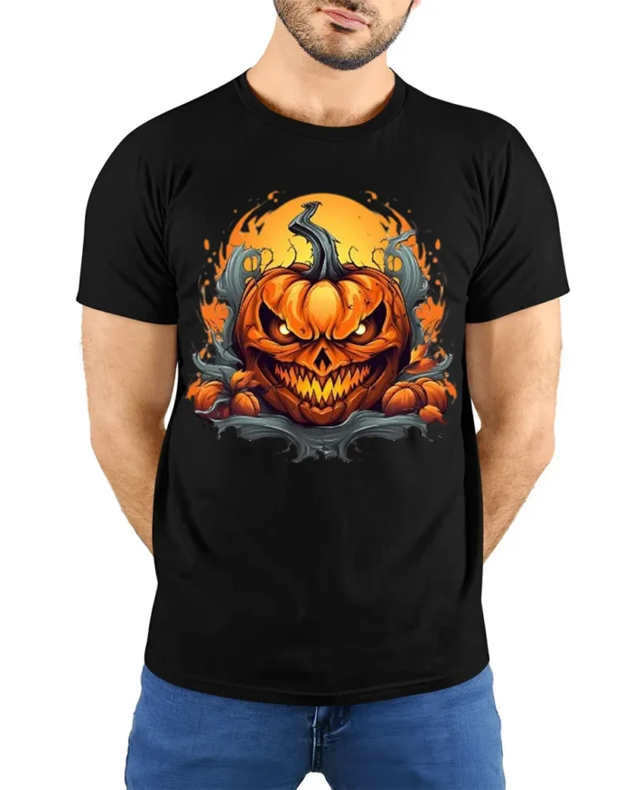 Halloween Fiery Evil Pumpkin Face T-Shirt - model wearing black shirt, hands behind back