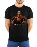 Halloween Skeleton Breaking Wall Graphic T-Shirt - model wearing black shirt, hands behind back