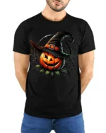 Halloween Jack O Lantern Witch Hat T-Shirt - model wearing black shirt, hands behind back