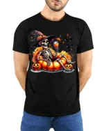 Halloween Skeleton Pumpkin Float T-Shirt - model wearing black shirt, hands behind back