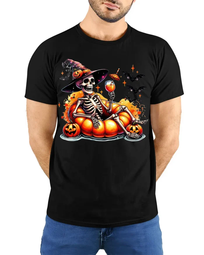 Halloween Skeleton Pumpkin Float T-Shirt - model wearing black shirt, hands behind back