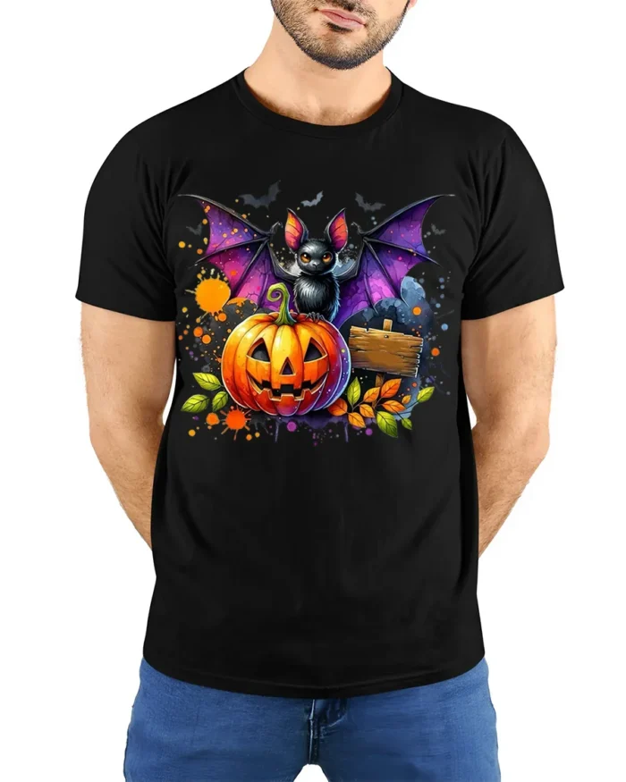 Halloween Bat and Pumpkin Graphic T-Shirt - model wearing black shirt, hands behind back