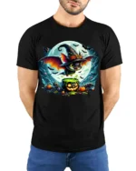 Halloween Witch Bat Cauldron Moon T-Shirt - model wearing black shirt, hands behind back