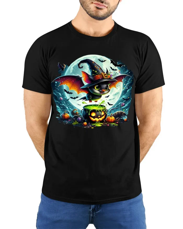 Halloween Witch Bat Cauldron Moon T-Shirt - model wearing black shirt, hands behind back