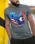 Patriotic Bald Eagle American Flag T-Shirt - model in grey shirt leaning against column