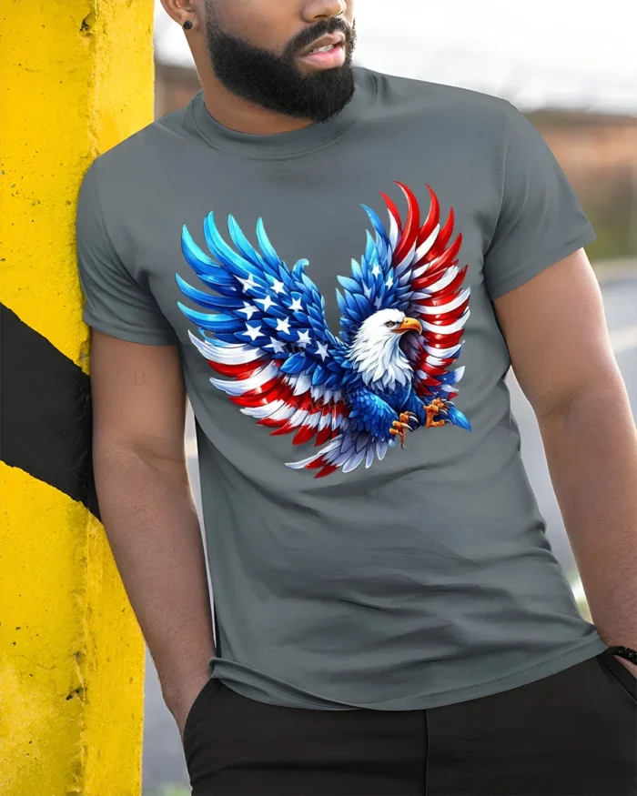 Patriotic Bald Eagle American Flag T-Shirt - model in grey shirt leaning against column