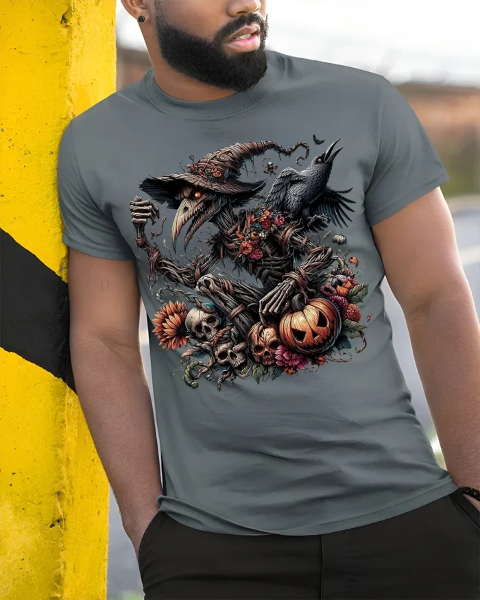 Halloween Evil Scarecrow Raven Pumpkin T-Shirt - model in grey shirt leaning against column