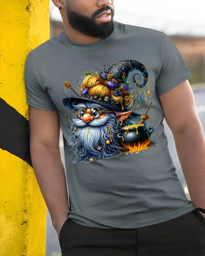 Halloween Wizard Gnome Cauldron Magic T-Shirt - model in grey shirt leaning against column