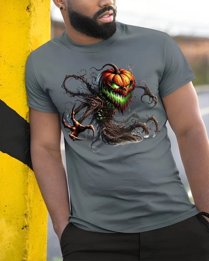 Halloween Evil Pumpkin Monster Graphic T-Shirt - model in grey shirt leaning against column