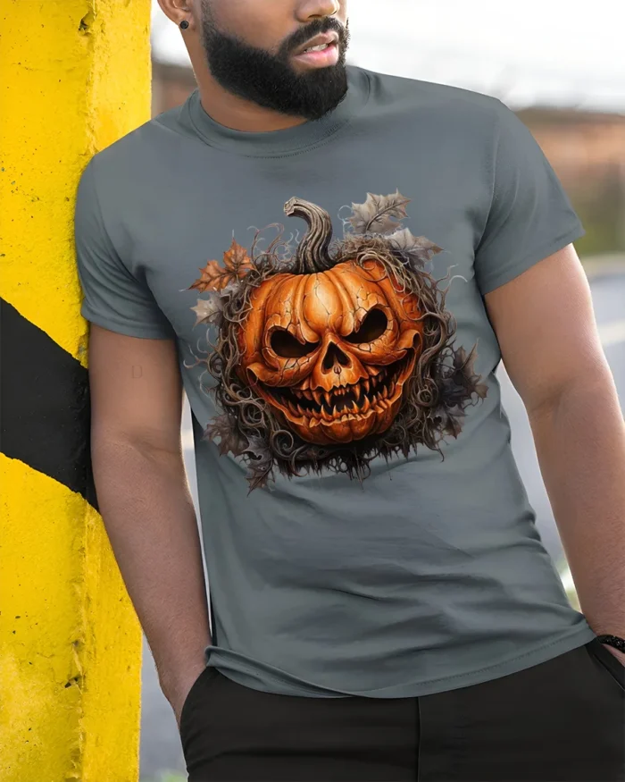 Halloween Scary Jack O Lantern Skull T-Shirt - model in grey shirt leaning against column