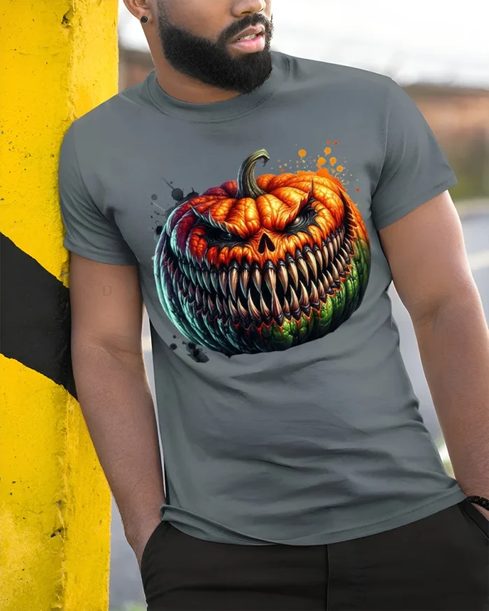 Halloween Evil Grinning Pumpkin Face T-Shirt - model in grey shirt leaning against column