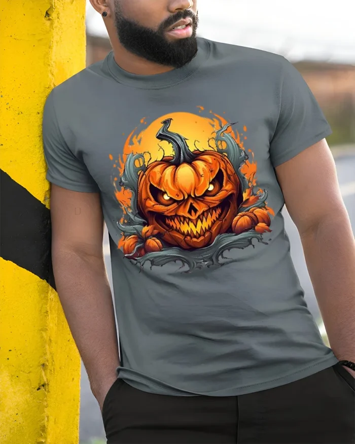 Halloween Fiery Evil Pumpkin Face T-Shirt - model in grey shirt leaning against column