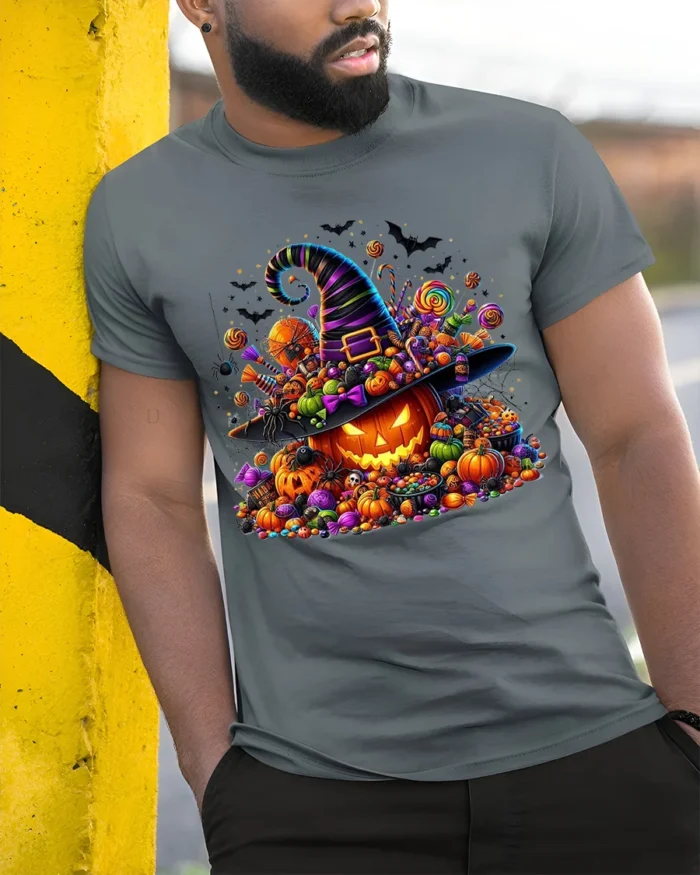 Halloween Candy Pumpkin Witch Hat T-Shirt - model in grey shirt leaning against column