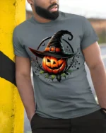 Halloween Jack O Lantern Witch Hat T-Shirt - model in grey shirt leaning against column