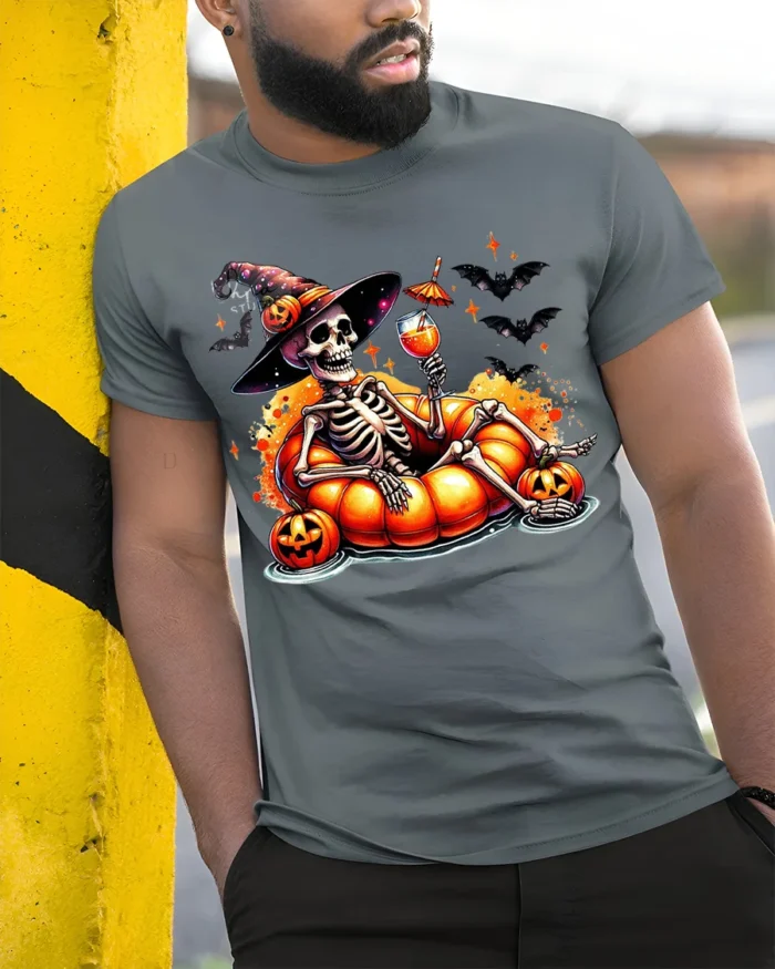 Halloween Skeleton Pumpkin Float T-Shirt - model in grey shirt leaning against column