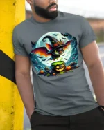 Halloween Witch Bat Cauldron Moon T-Shirt - model in grey shirt leaning against column